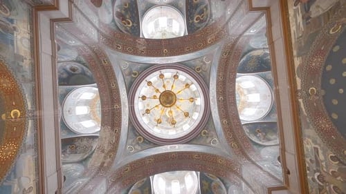 Incredible View of Old Interior of the Ceiling Decorated By Religious Painting Action View Inside of
