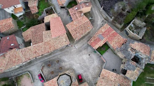 Panoramic drone view of old medieval traditional ancient architecture village houses and tile roofs