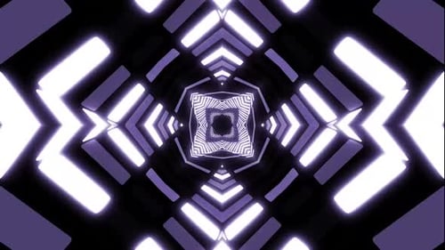 Dynamic digital tunnel with glowing purple and white lights advances