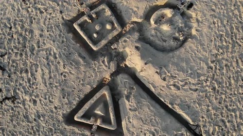 Aerial, top down, drone shot, rising above drawing in sand, at a beach, on a sunny evening, in Germa