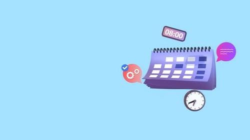Animación conceptual de gestión del tiempo con calendario, relojes y espacio de copia.