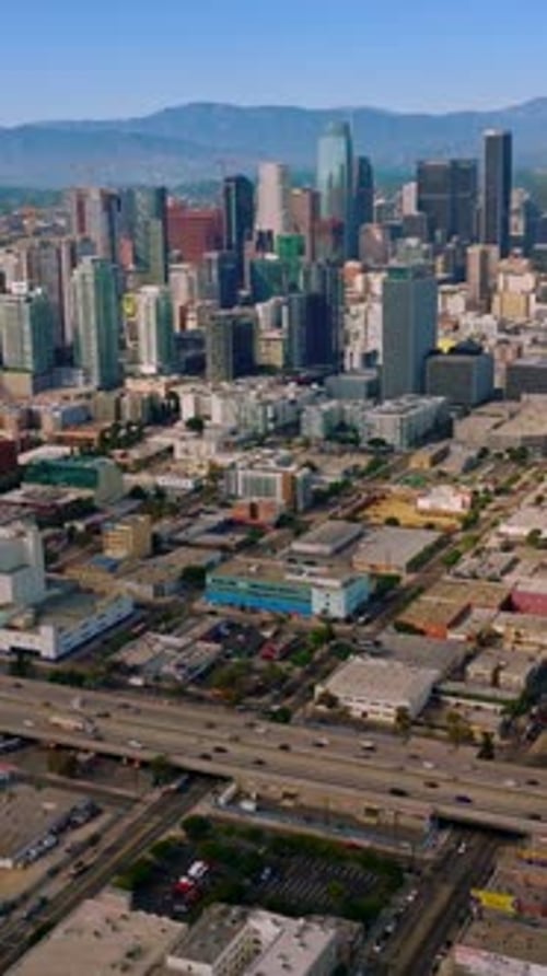 Famous skyscrapers standing among the low buildings of Los Angeles, California, USA.