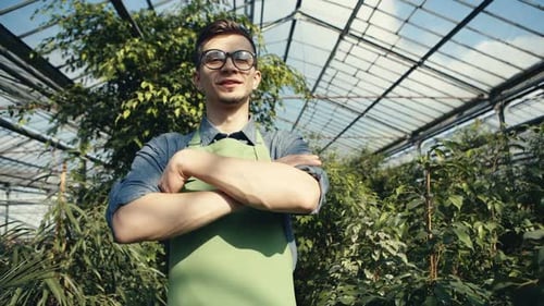 Portrait of a Young Florist in a Greenhouse with Green Plants