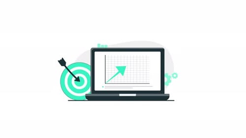 Animated Laptop Displaying Business Growth Chart and Target Achievement