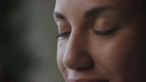 Extreme Close Up Woman Eyes Smiling Side View Rack Focus Female Face