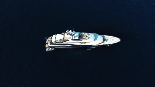 Aerial view of big motor yacht in the Mediterranean sea.