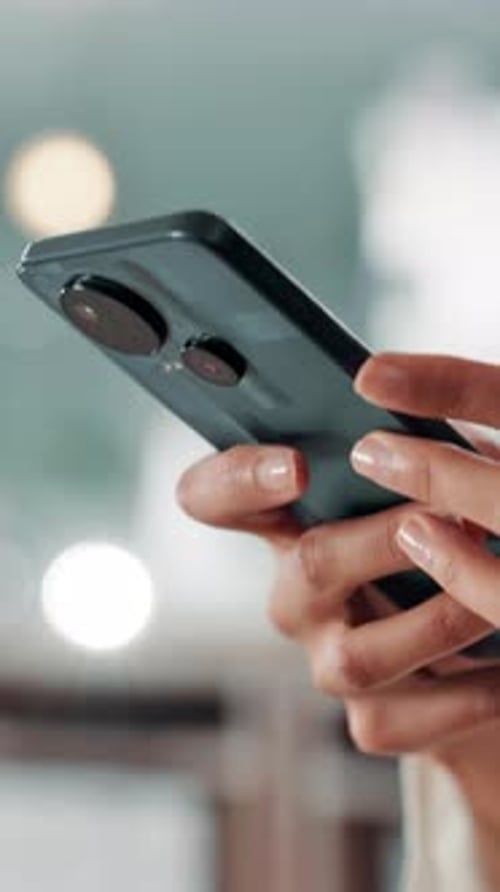 Hands, phone and text message with business person in office for communication or social media