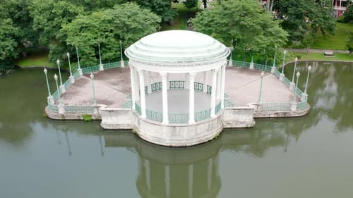 Ascending aerial view of the bandstand front view at Roger Williams Park in Providence.