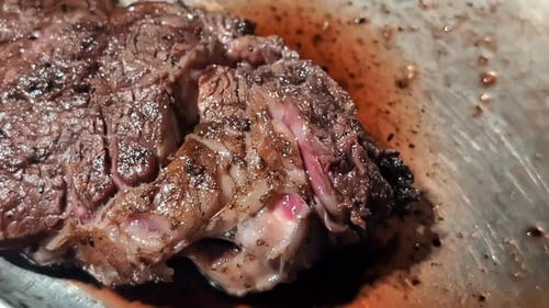 Close-up of slowly moving steak in a silver bowl.
