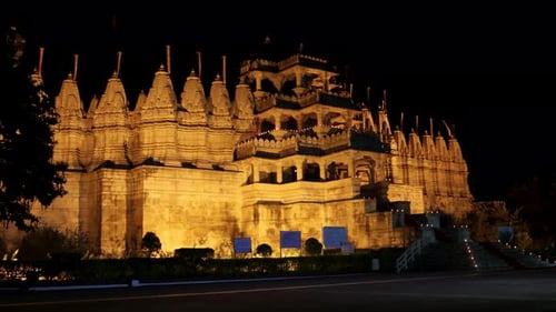 illuminated ancient unique temple architecture at night from different angle video is taken at ranak