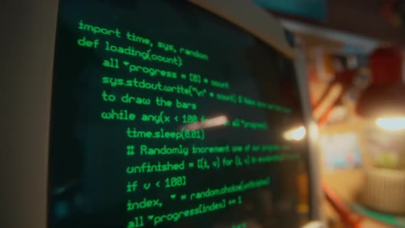 Green Programming Code Running on Black Screen on Old Retro Computer ...