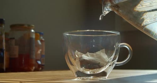 Transparent Cup of Freshly Brewed Tea on the Kitchen Table on a Sunny Day