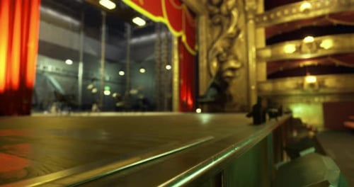 Stage Set Up Before a Live Performance at a Historic Theater in the Evening