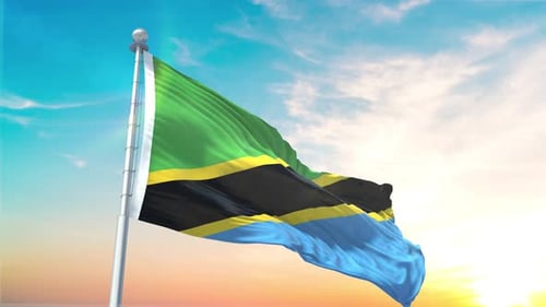 Tanzania Flag Waving Realistic With Sky