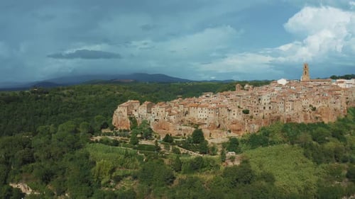 Aerial drone footage of the historic medieval town Pitigliano, a masterpiece of medieval architectur