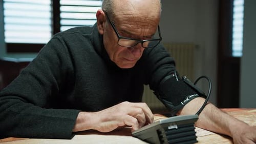 Adult Man Checks Blood Pressure at Home