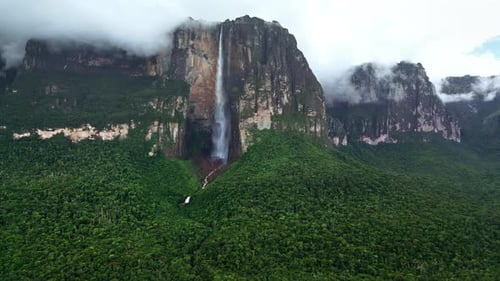 Vue aérienne par drone des chutes Angel qui descendent les falaises d'Auyan-tepui avec des nuages qui dérivent