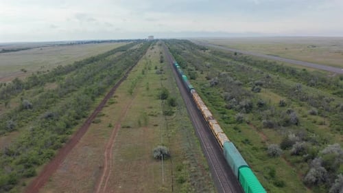 Cargo Train in Rural Landscape