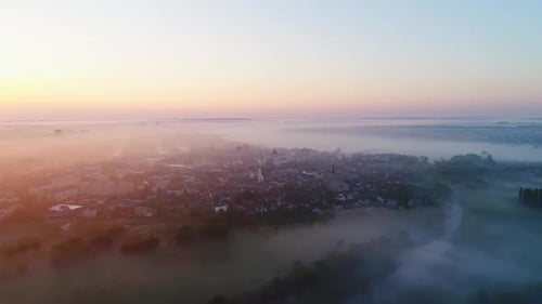 Dense Fog Over Styr River and Historical Part of Lutsk Ukraine