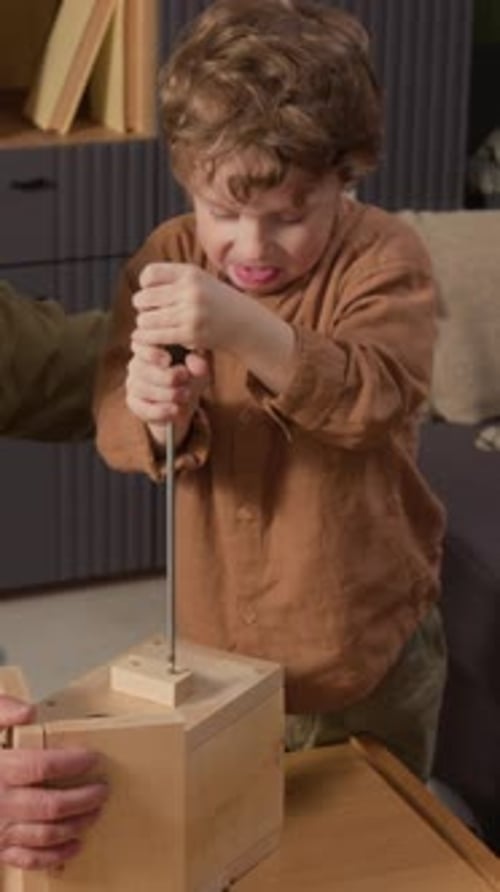 Niño montando una pajarera de madera con el abuelo en casa