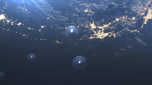 Alien saucer ufo's flying above earth atmosphere, top down view