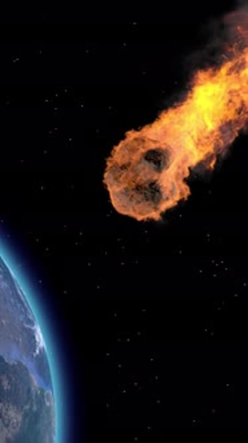 Dramatic asteroid with fiery trail approaching Earth from space.