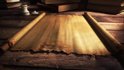 Ancient Scroll Unfurling on Wooden Table Revealing Parchment