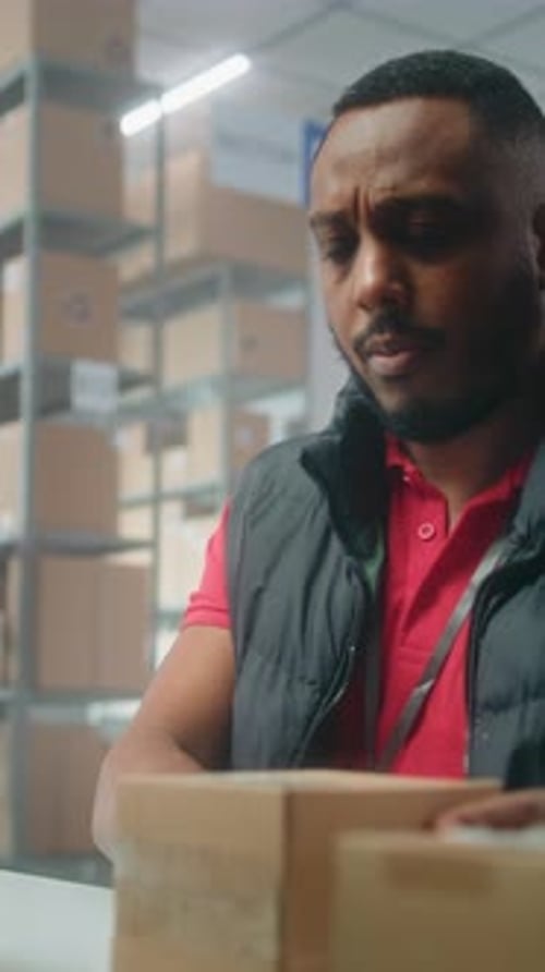African American Post Office Employee Scans Cardboard Parcel Works on Computer