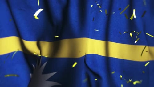 Waving Nauru Flag with Falling Golden Confetti Animation