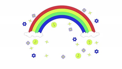 Y2K rainbow with smile faces, flowers and sparkles 2D cartoon object animation