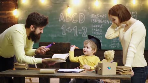 The Family School Happy Family Drawing Book Mother Father and Son Reading the Homework on Book