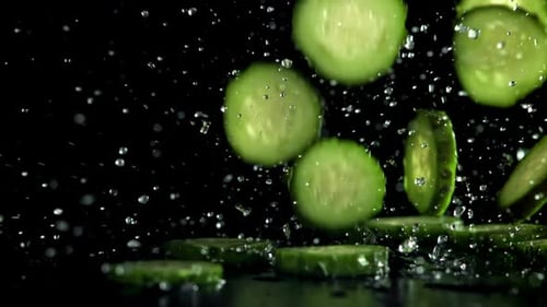Cucumber Slices Falling and Splashing in Slow Motion