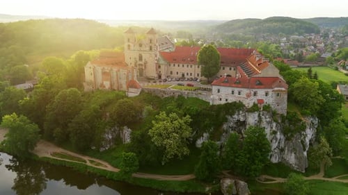 Aerial View of Benedictine Abbey in Tyniec Poland at Dawn
