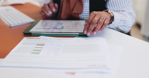 Business person, hands and tablet with statistics for financial report or analysis at office desk