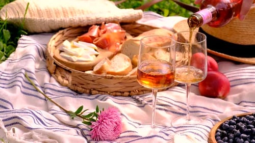 Golden Wine Poured at Sunny Summer Picnic