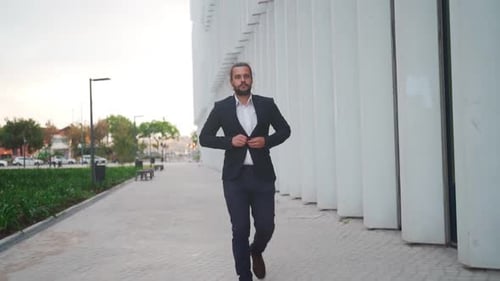 Businessman Walking City Street Near Modern Office Building