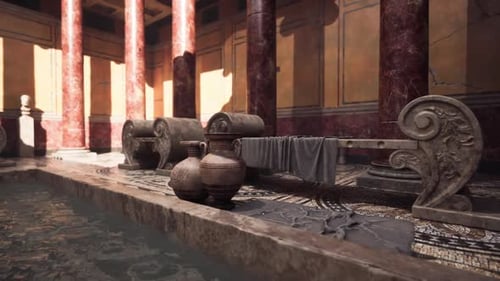 Ancient Roman Bath Interior with Marble Columns and Decorative Pottery