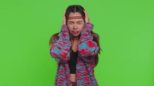 Annoyed Irritated Young Woman Covering Ears Gesturing No Avoiding Advice Ignoring Noise Loud Voices