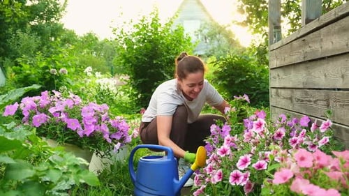 Gardening and Agriculture Concept Young Woman Farm Worker Gardening Flowers in Garden Gardener