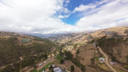 Aerial Drone View of Andean Valley Landscape with Mountains and Countryside