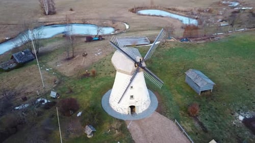 Old Araisi Windmill in Latvia Aerial Shot From Above. Winter Day at Sunrise. This Is the Only Windmi