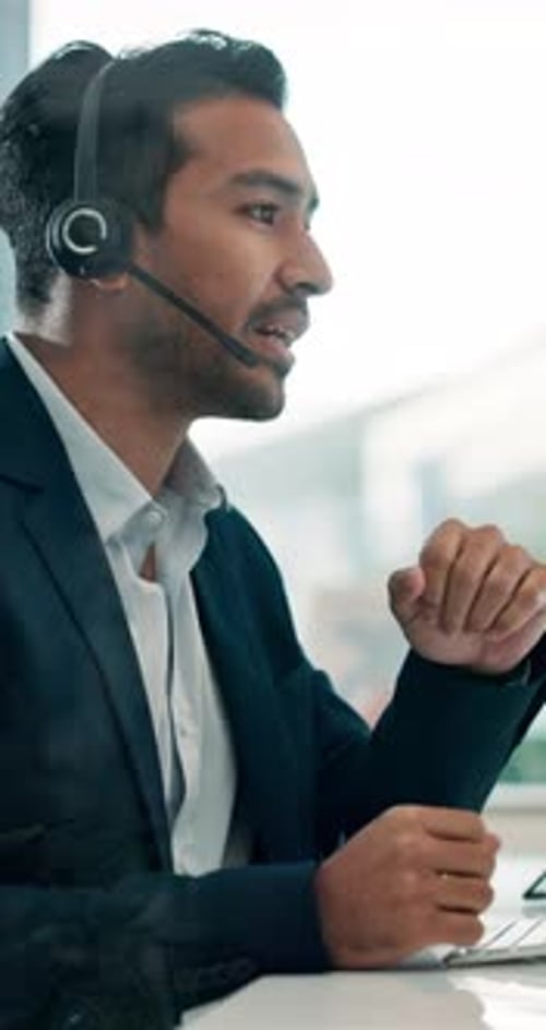 Finance, talking and business man with headset for stock market, investment advisor and feedback