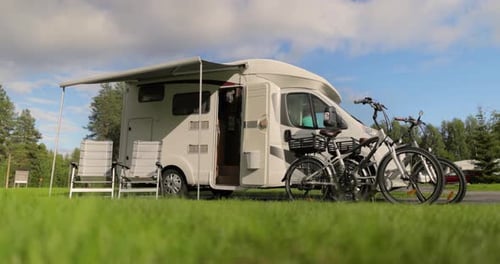Camper parked in a scenic rural location