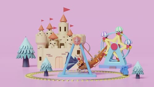Cute 3D Amusement Park Castle and Fairground Rides Animation