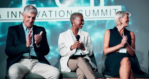 Applause, team and stage with business people at conference for finance summit