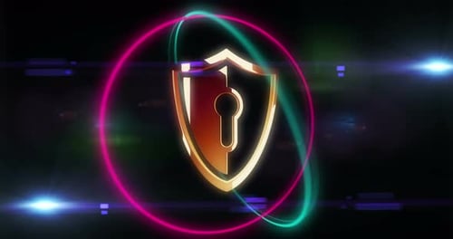 Shield cyber security golden symbol in neon circle