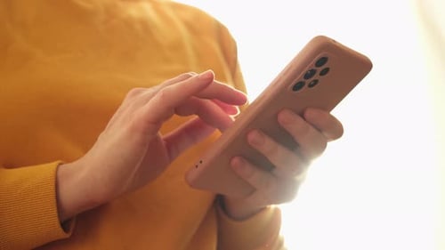 Woman Hand Holding Cell Phone Touch Screen Typing Scroll Page Using App Smartphone Mobile Phone