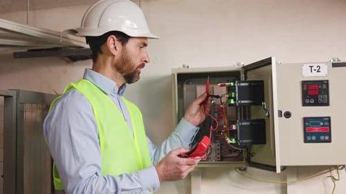 Electrician Tests Switchboard at Substation in Gear Checking Voltage Factory