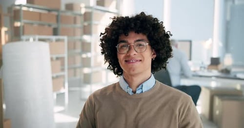 Distribution, supply chain and face of man in warehouse for delivery, logistics