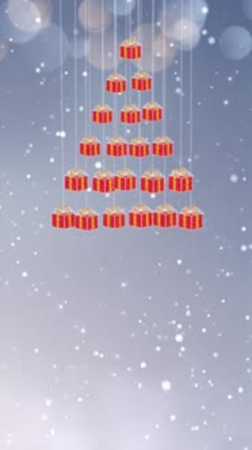 Animated Christmas Tree Made of Gifts with Falling Snow